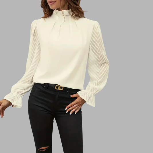 May Britt | Chic Pleated Top with Sheer Mesh Sleeves for Women