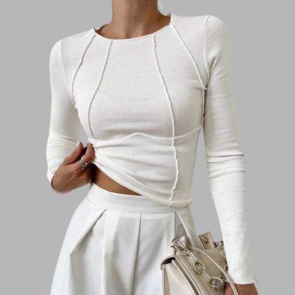 Freja | Elegant ribbed long-sleeve top with tailored piping