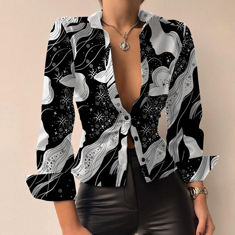 Lill | Printed V-Neck Leather Blouse with Long Sleeves