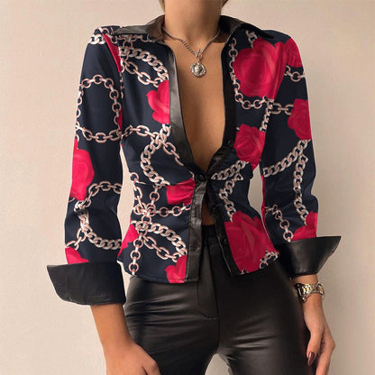 Lill | Printed V-Neck Leather Blouse with Long Sleeves