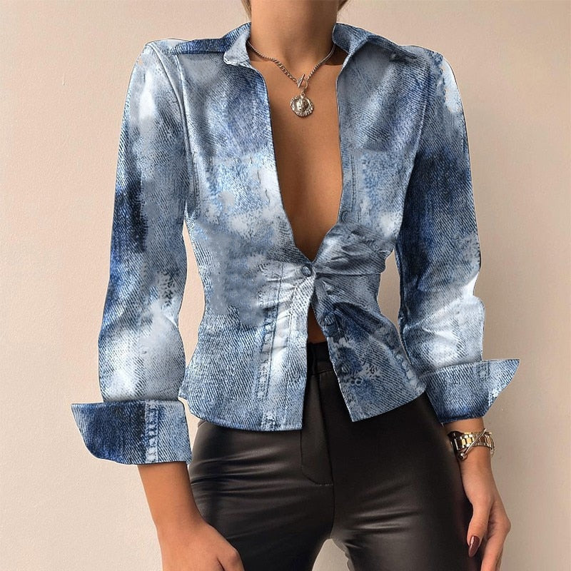 Lill | Printed V-Neck Leather Blouse with Long Sleeves