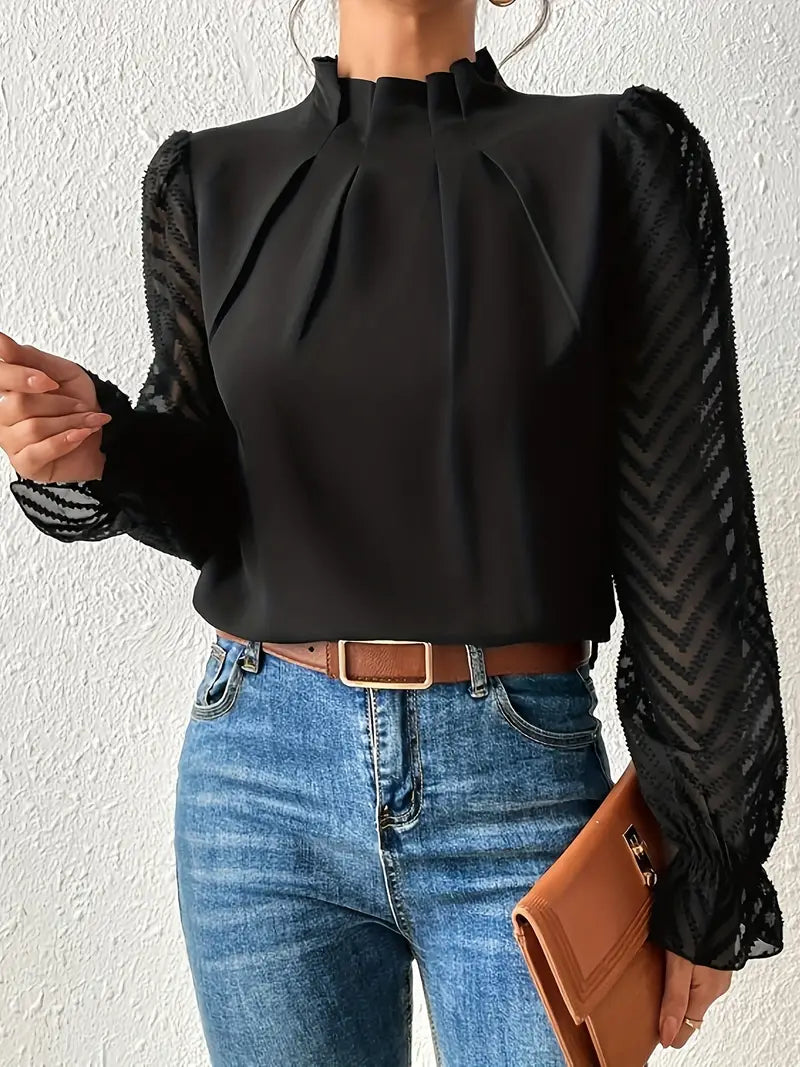 May Britt | Chic Pleated Top with Sheer Mesh Sleeves for Women
